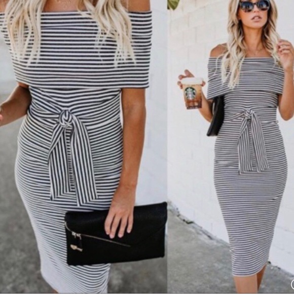 Vici Tyche White Gray Striped Off Shoulder Dress S